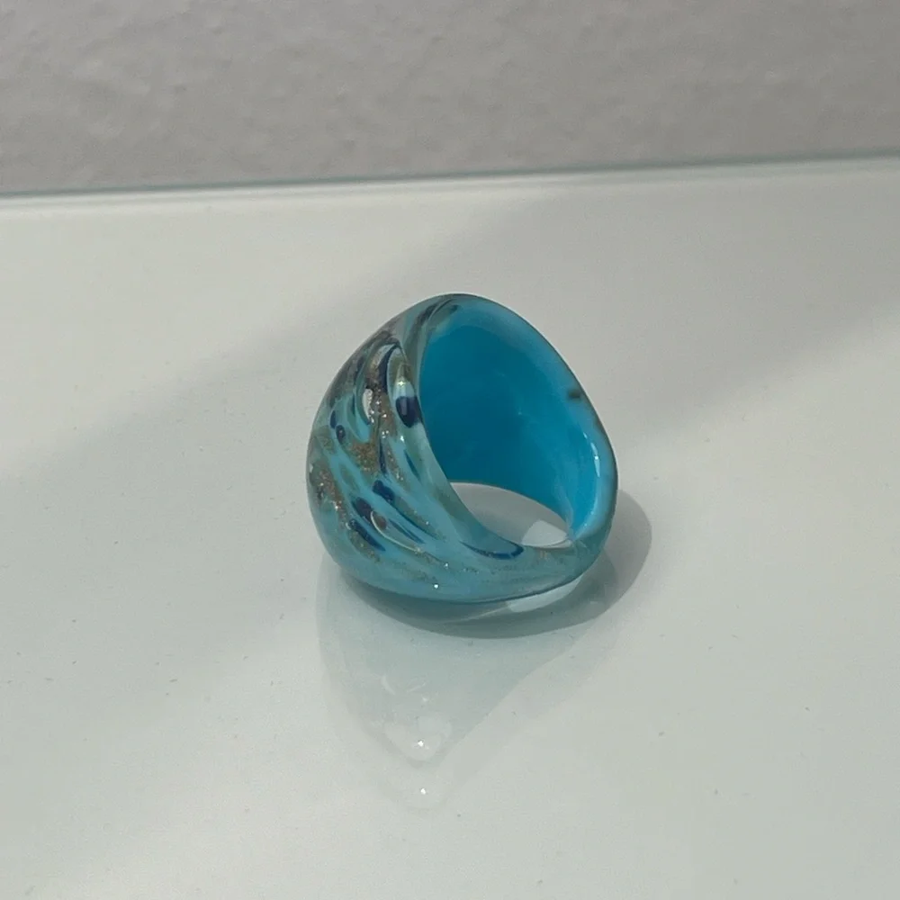 Vintage Murano Glass Blue Gold Swirl Statement Ring